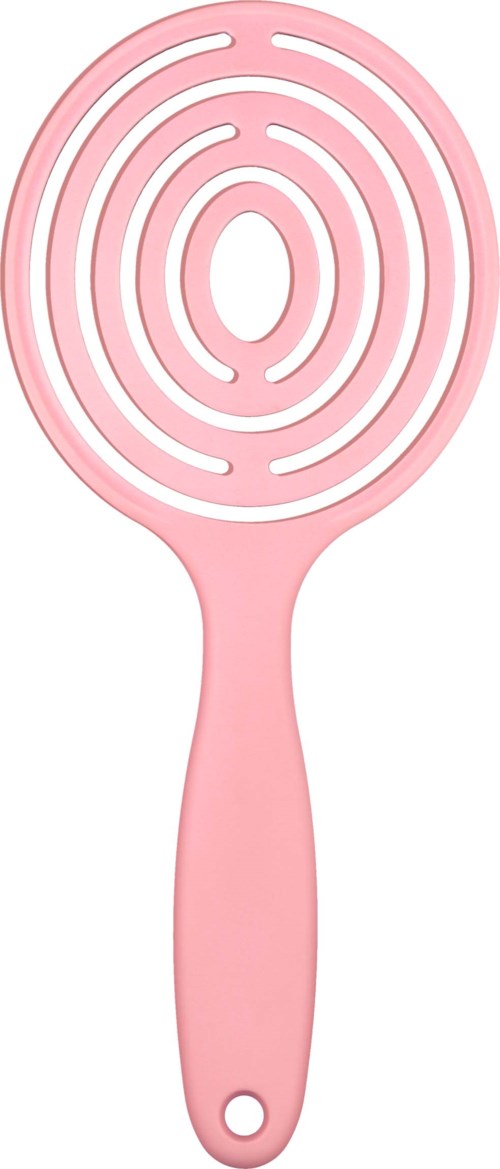 A pink silicone swizzle stick with a spiral design, used for mixing drinks.
