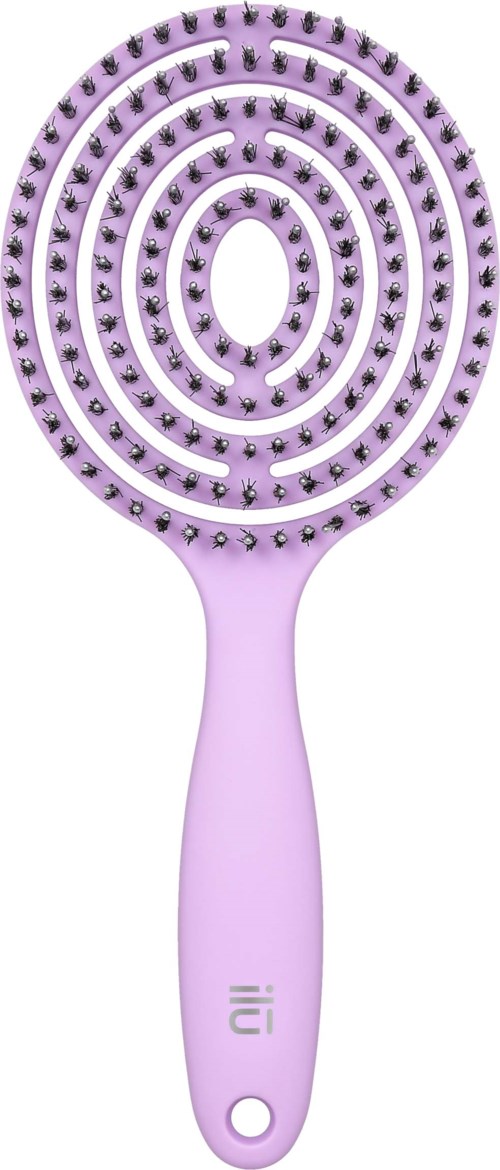 A pink metal hairbrush with circular prongs and a handle, designed for detangling hair.