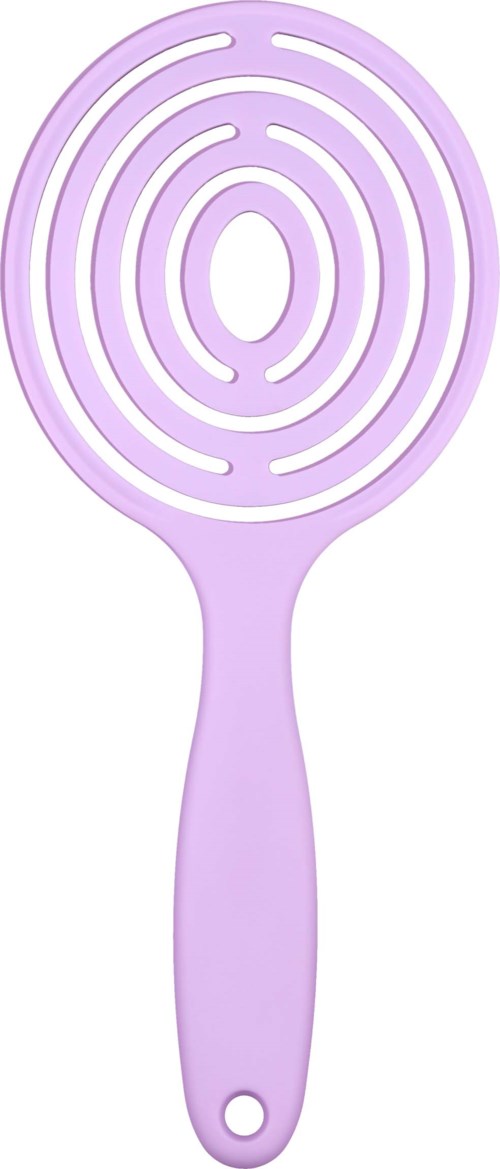 A lavender-colored silicone scrub brush with a circular, maze-like cleaning surface and a handle.