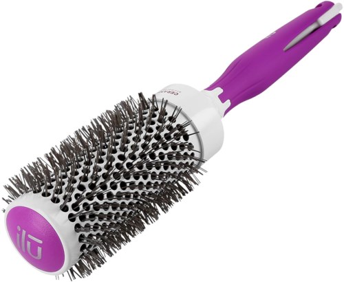 A hairbrush with a purple handle, black bristles, and a white and purple base.