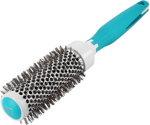 A round hairbrush with a blue handle and black bristles. It is used for styling and detangling hair.