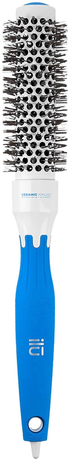 A round hairbrush with black bristles, a blue handle, and a white base.