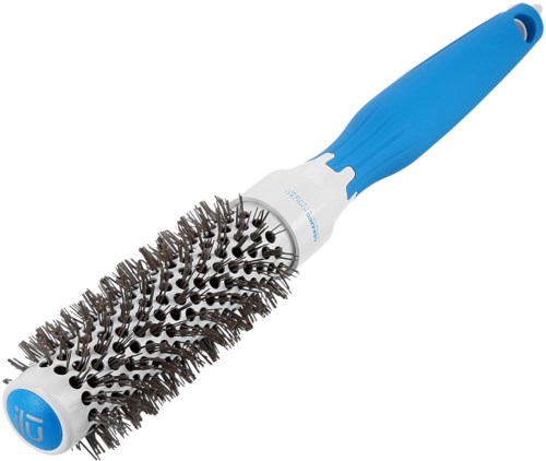 A round hairbrush with a blue handle and black bristles for styling hair.