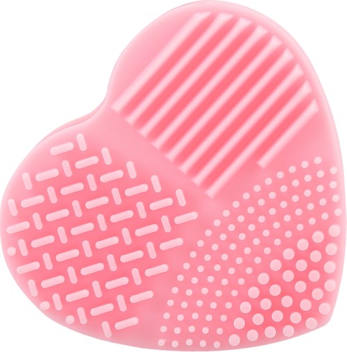A pink silicone makeup sponge with different textured patterns on its surface for applying cosmetics.