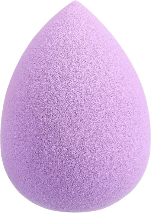 A purple makeup sponge, teardrop-shaped with a soft, textured surface.
