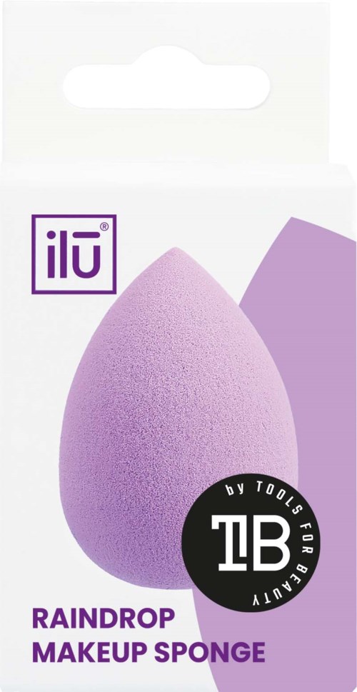 A purple makeup sponge on a white package, with brand and product information. The sponge has a teardrop shape.