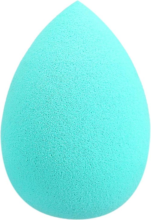 A blue makeup sponge with a teardrop shape and textured surface.