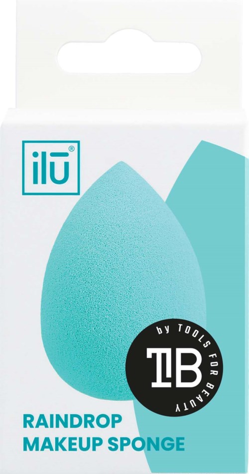 A blue makeup sponge shaped like a teardrop, with branding and product details on the packaging.