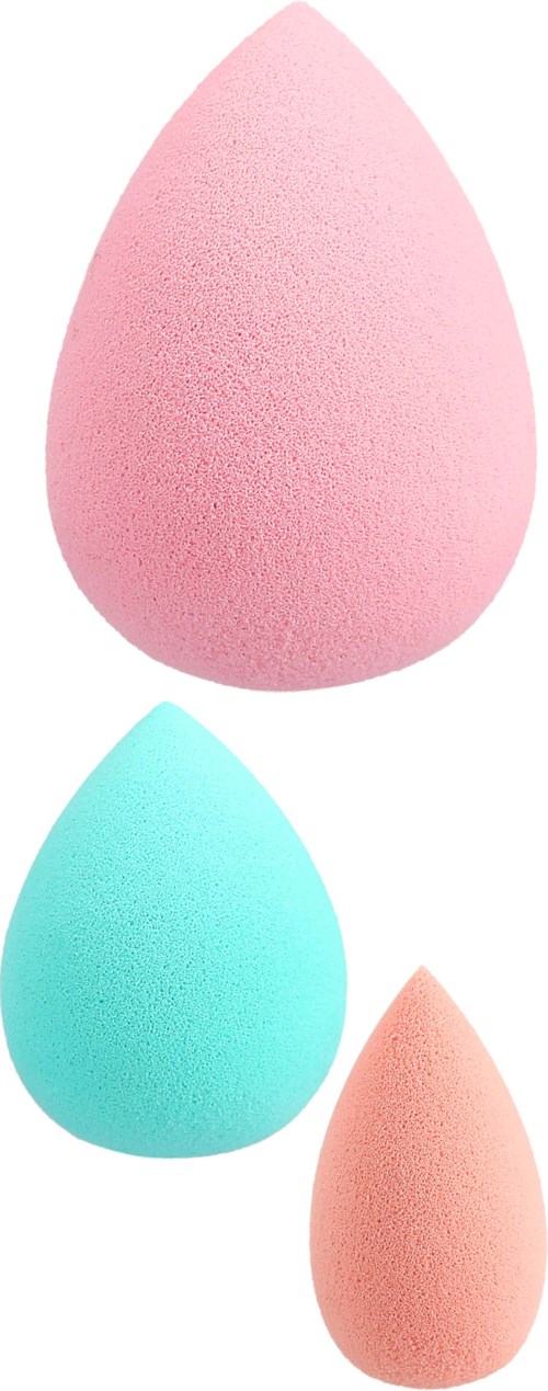 Three makeup sponges in pink, blue, and peach colors, shaped like teardrops, with textured surfaces.