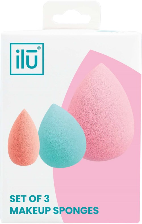 A box with three makeup sponges in pink, blue, and peach colors, labeled as a set of three.