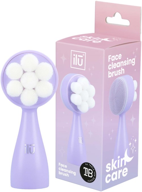A purple face cleansing brush with white foam balls, packaged in a pink box labeled 'Skin Care'.