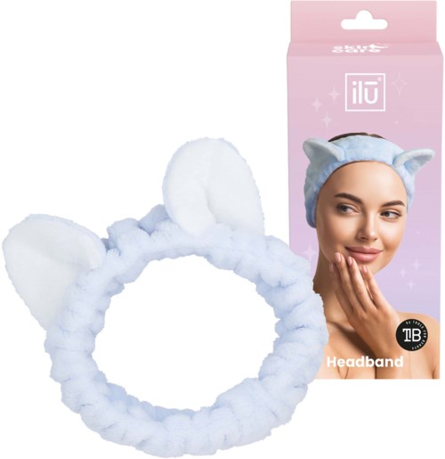 Soft, plush headband with cat ears, shown with packaging featuring a woman wearing it.