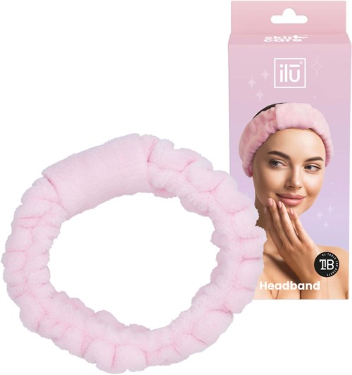 Pink fluffy headband shown with packaging and a woman wearing it.