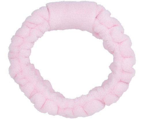 A soft, pink, fluffy hair band in a circular shape.