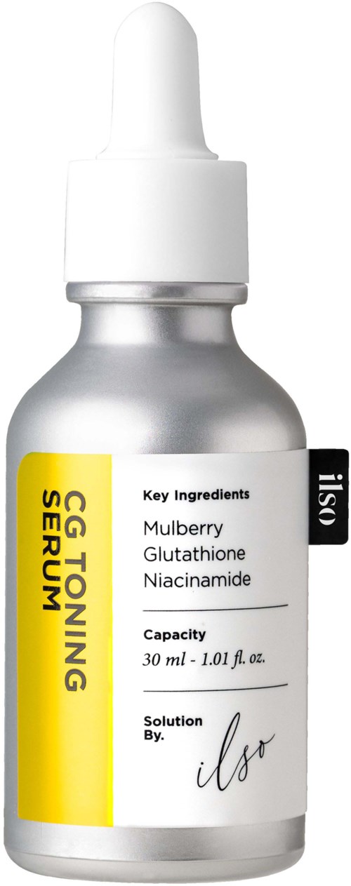 Kleine zilveren druppelfles met label 'GC Toning Serum' met belangrijke ingrediënten en witte dop.
