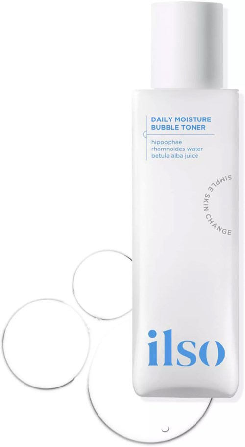 Eine weiße Flasche mit dem Aufkleber daily moisture bubble toner mit blauer Schrift, begleitet von drei klaren Blasen.