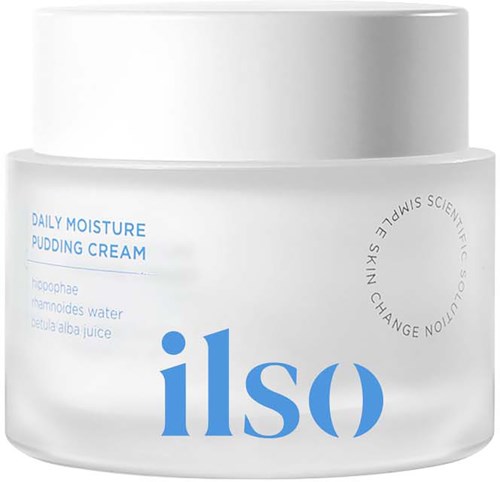 Witte pot met blauwe tekst 'daily moisture pudding cream', met ingrediënten zoals jojoba, kamillewater en aloë juice.