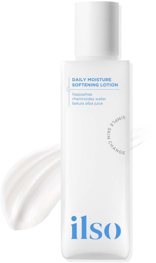 Een witte fles met de tekst "Daily Moisture Softening Lotion" in blauw, met een lik crème ernaast.