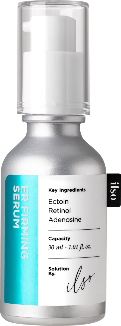 Klein zilveren fles met label 'Er Firming Serum' en belangrijke ingrediënten: Ectoin, Retinol, Adenosine. Heeft een doorzichtige pompdop.