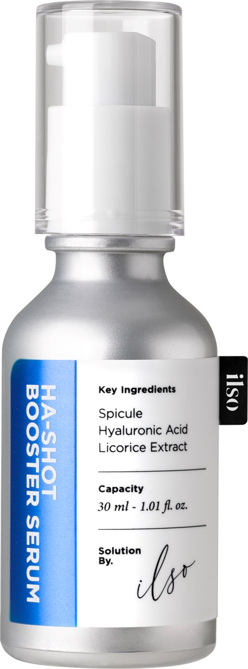 Kleine, zilveren druppelfles met een wit label die ingrediënten en capaciteit vermeldt, gemarkeerd "HA-SHOT BOOSTER SERUM."