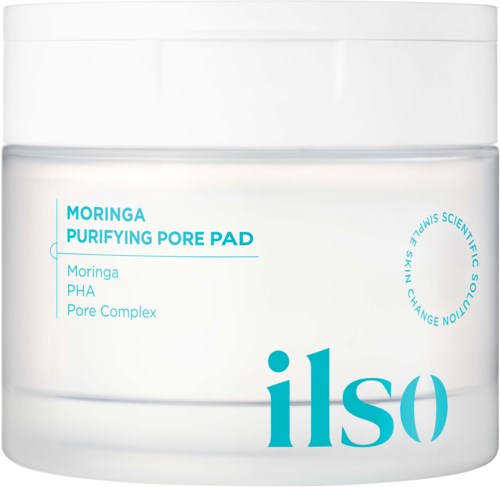 Een witte pot met blauwe tekst, gelabeld 'Moringa Purifying Pore Pad' en 'ils', waarschijnlijk een huidverzorgingsproduct.