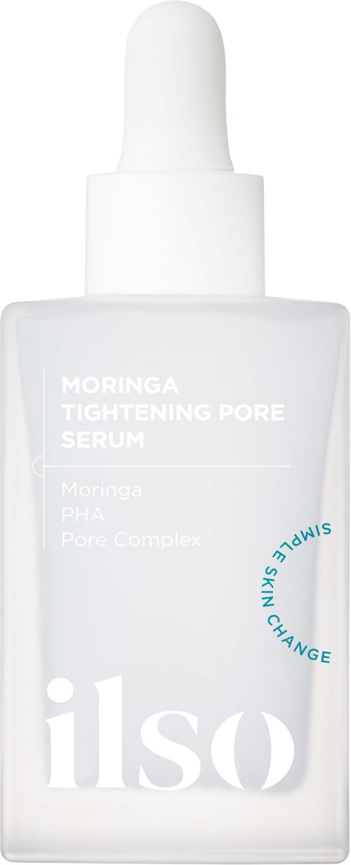 Een witte bottle met pipet, gelabeld 'Moringa Tightening Pore Serum' voor huidverzorging.