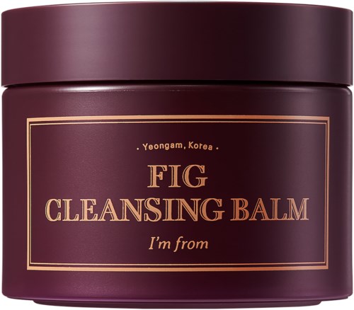 Een donkerpaars potje met 'Fig Cleansing Balm' uit Korea, met tekst en een eenvoudige gouden rand.