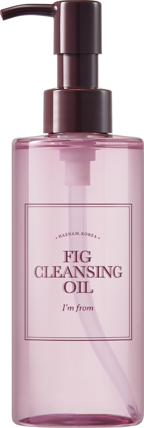 Pinke Reinigungsölflasche mit Pumpe, Beschriftung "Fig Cleansing Oil" aus Korea, elegantes und einfaches Design.