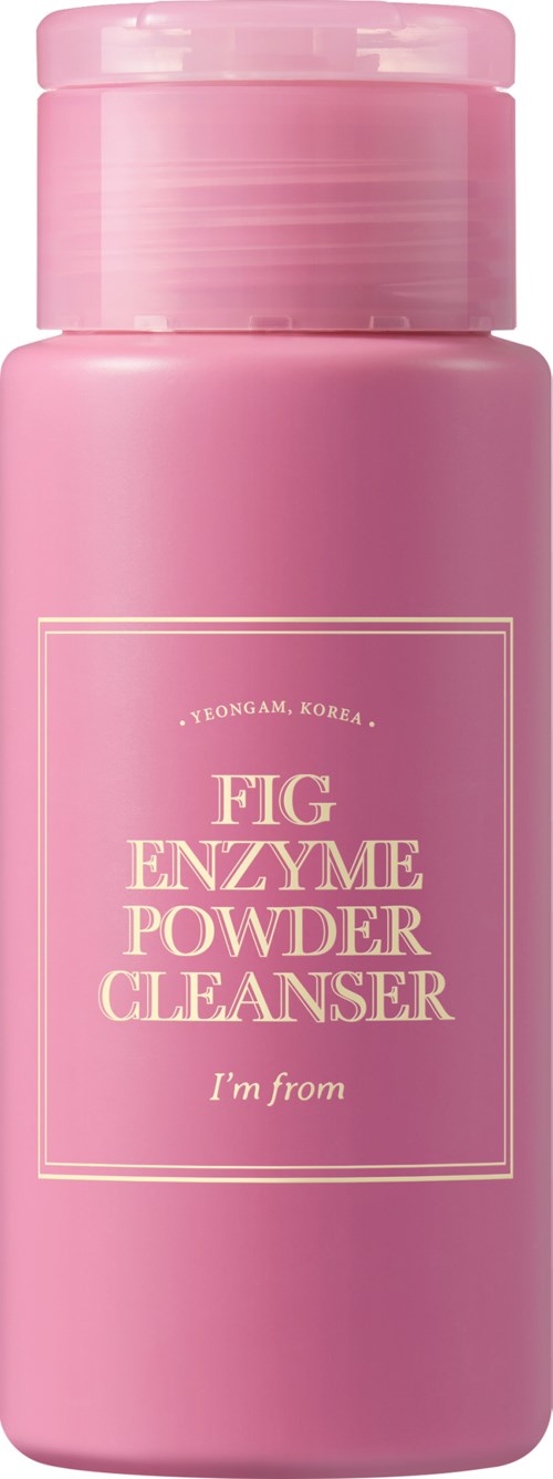 En rosa flaske merket 'Fig Enzyme Powder Cleanser' fra Korea, med enkel design og skrukork.