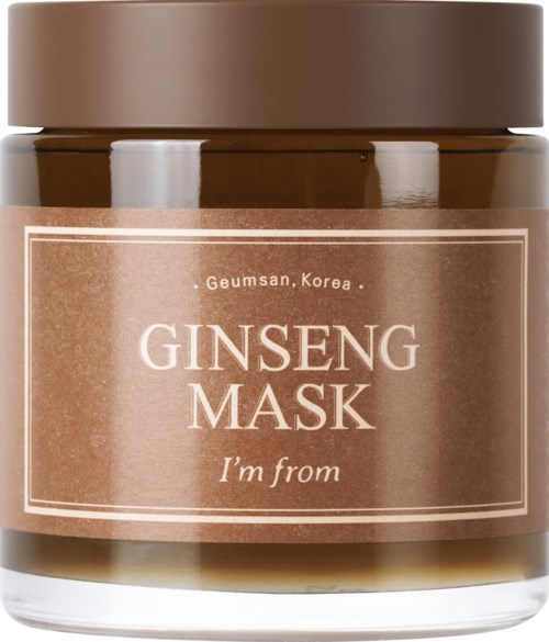 Ein Glas mit der Aufschrift 'Ginseng Mask' aus Korea, mit braunem Deckel und beiger Etikett.