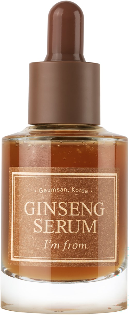 Kleine fles Ginseng Serum met pipet, uit Korea, bevat een bruinachtig vloeistof.