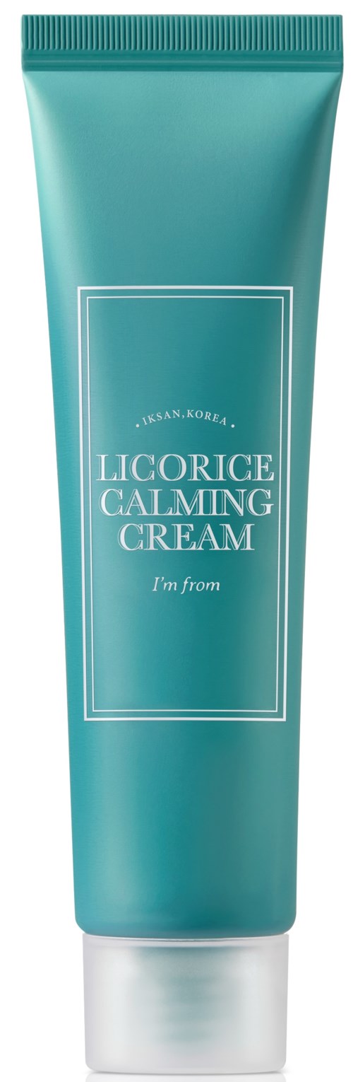 Een turquoise tube met Licorice Calming Cream en witte tekst, staand rechtop.