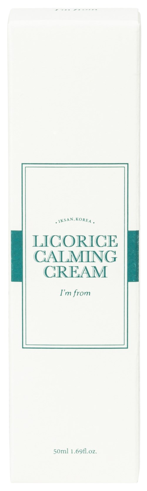 Een wit doosje met lichtblauwe tekst die zegt Licorice Calming Cream en instructies om te vullen waar je vandaan komt.