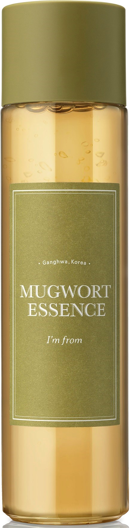 Eine lange, klare Flasche mit grünem Deckel, enthält hellgelbe Flüssigkeit, bezeichnet als Mugwort Essence aus Korea.