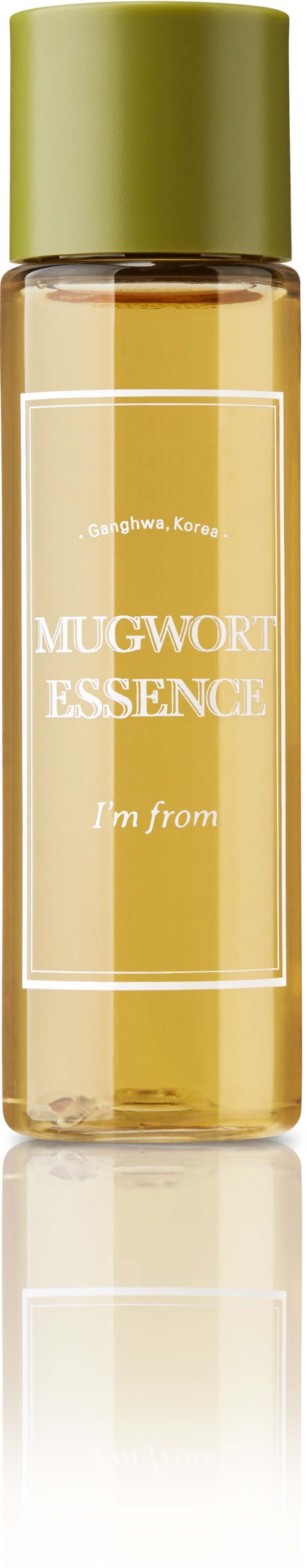 Een klein flesje met een groen deksel en doorzichtige inhoud, labeled 'MUGWORT ESSENCE' met gele vloeistof.