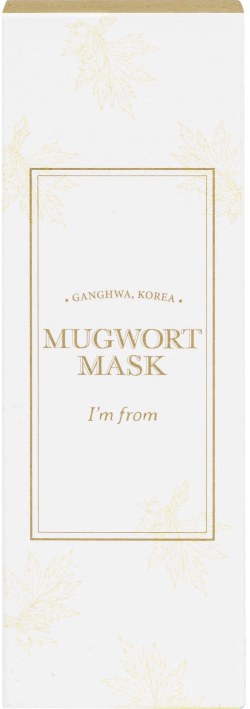 Eine weiße Box mit goldenen Texten und Verzierungen, Name Mugwort Mask aus Korea, mit Platz für einen Namen.