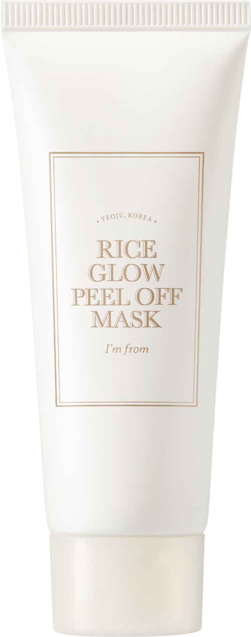 Een witte tube met beige tekst. Het is een Koreaanse rijstglow peel-off masker. Het ontwerp is simpel en elegant.
