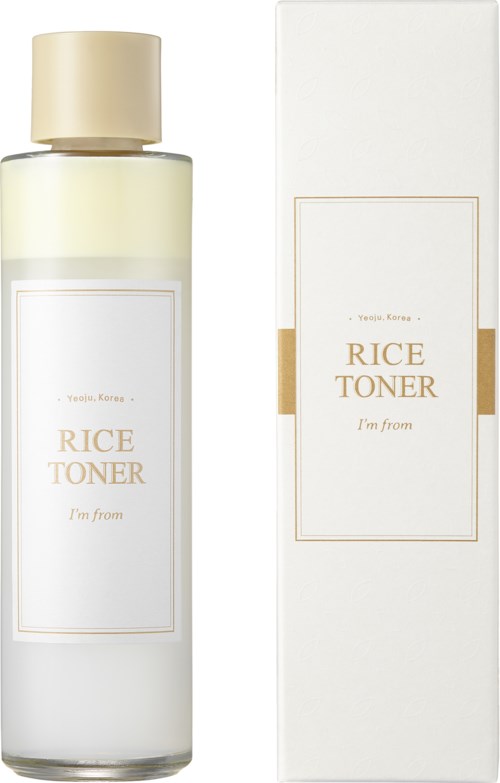 A rice toner bottle with a white and gold box, simple design, and white cap.