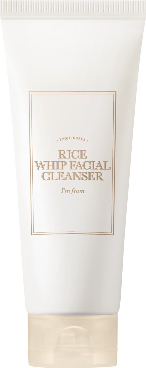 A white tube labeled 'Rice Whip Facial Cleanser' with a beige cap, featuring simple text and design.