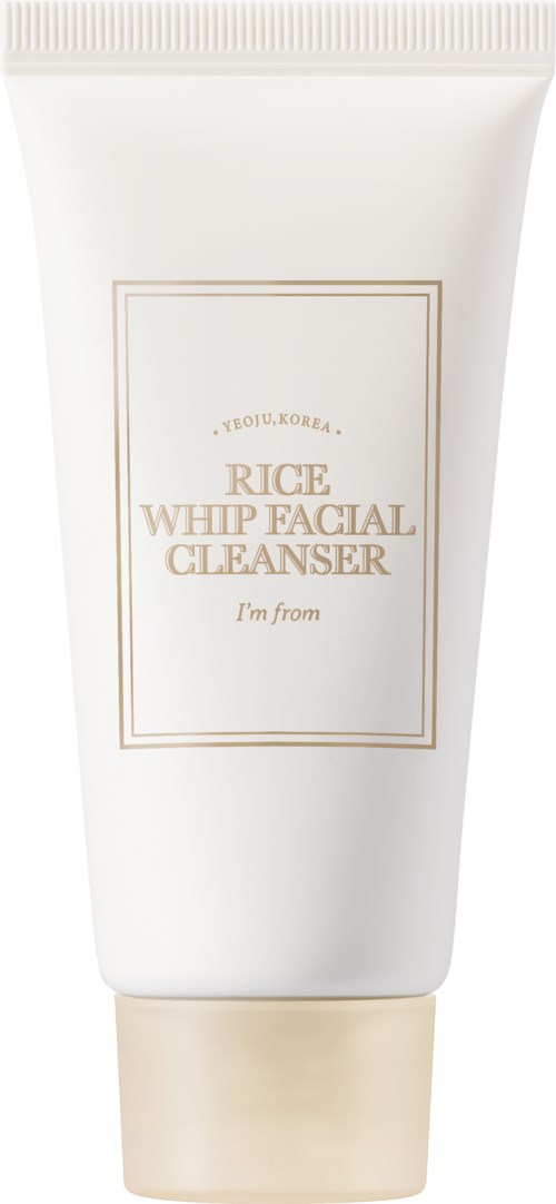 A white tube with a beige cap, labeled 'Rice Whip Facial Cleanser' from Korea, designed for face washing.