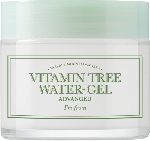 En krukke merket Vitamin Tree Water-Gel fra Taebaek Mountain, Korea, med grønn og hvit farge.