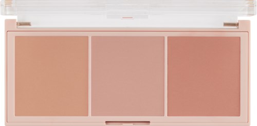 Een make-up palette met drie tinten roze en bruin, in een lichtroze kastje met spiegel.