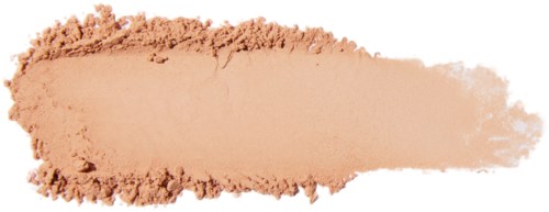 Een beige poeder uitgespreid met onregelmatige randen, waarschijnlijk make-up of foundation. Dun, ongelijk en vervaagt naar wit.