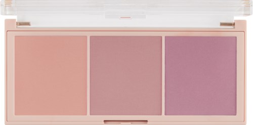 Een oogschaduwpalette met drie tinten: perzik, roze en paars. De palette heeft een doorzichtig deksel en een beige behuizing.