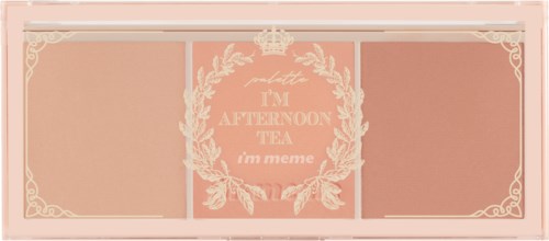 Een roze doos met een kroon en kransontwerp, met de tekst "I'm afternoon tea" en "i'm meme".