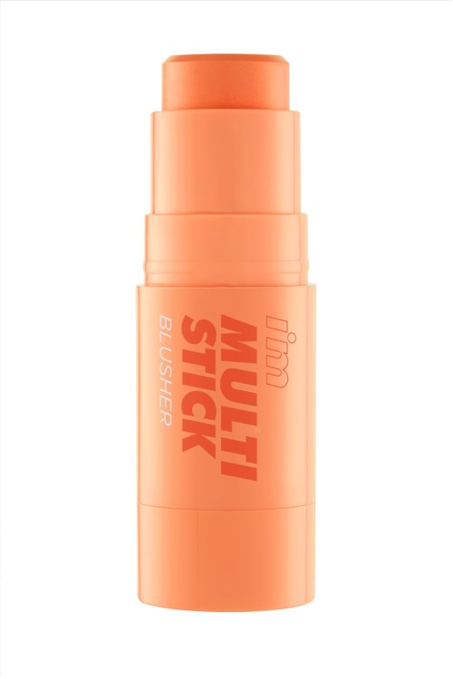 Een perzikkleurige container met de woorden "MULTI STICK" en "BLUSH" erop, ontworpen voor make-up.