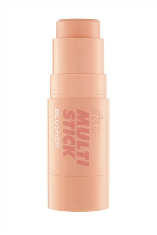 Een perzikkleurige stick met oranje tekst: 'MULTI STICK BLUSHER'. Het lijkt op een make-up product.