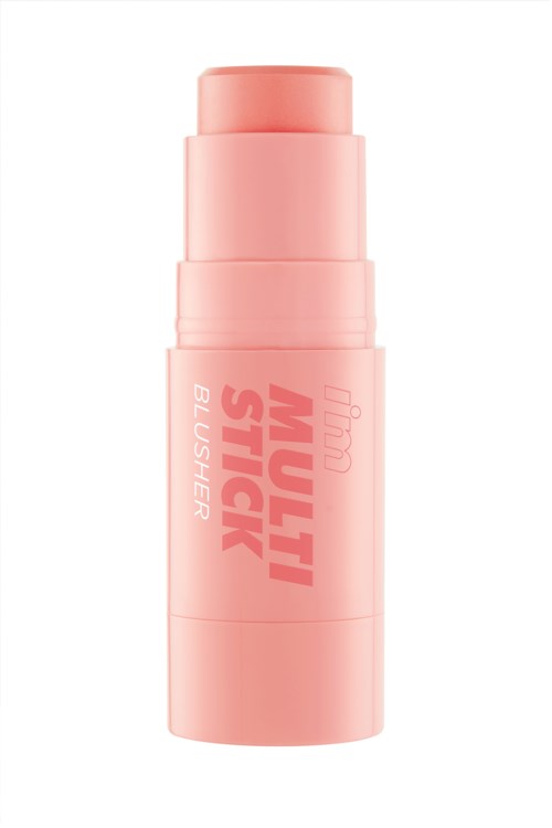 Pink cylindrical container labeled Multi Stick Blusher with a twist-up design.