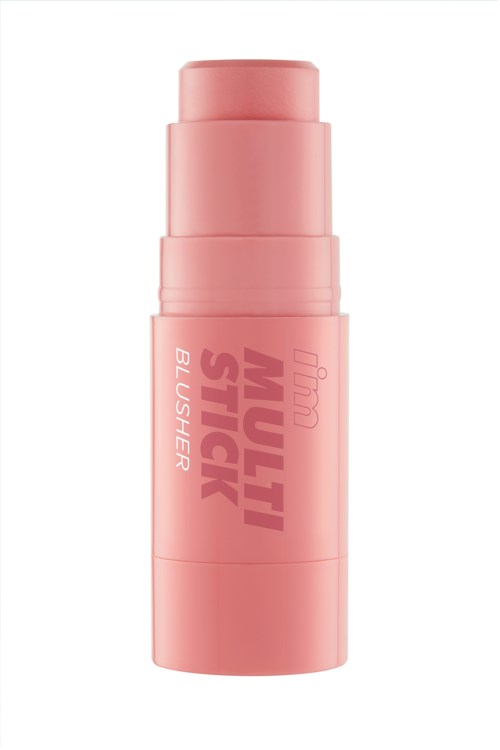Rosa zylinderförmiger Behälter mit Pumpe, gekennzeichnet mit 'Multi Stick Blusher' in fettem pinkem Text.