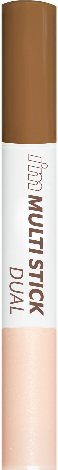 Ein zweifarbiger Make-up-Stift mit braunem Deckel und hellrosa Etikett, beschriftet "Multi Stick DUAL".